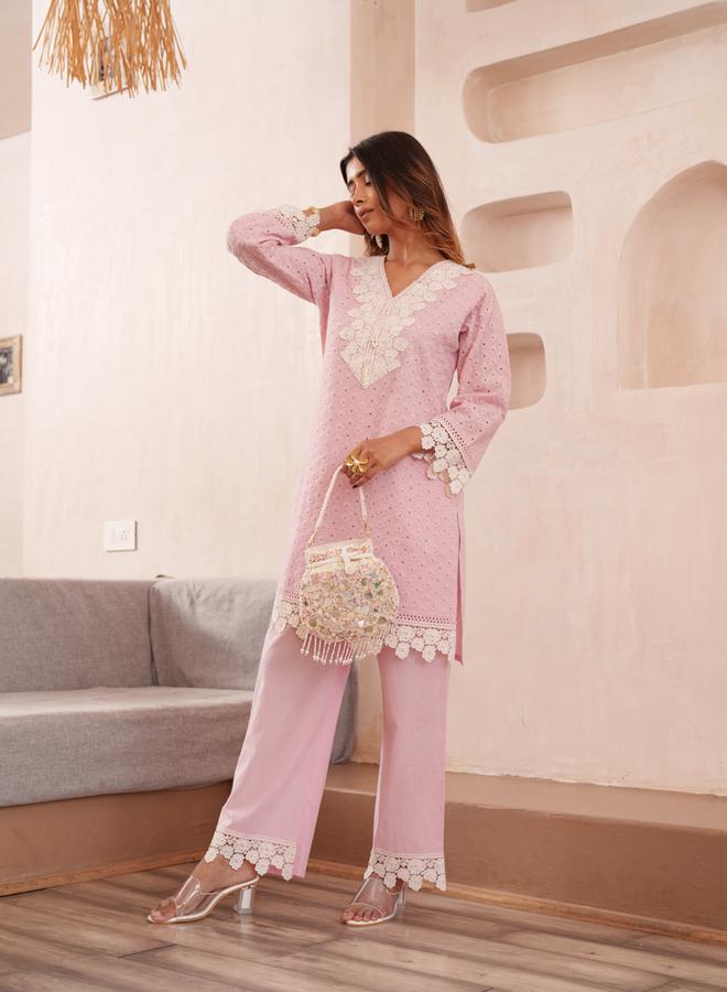 DW Women Embroidered V Neck Cotton Tunic and Trousers Co-Ords - Image 2